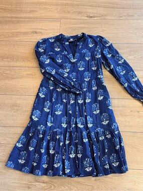 Madison Mathews Navy Floral Long-Sleeve Tiered Dress